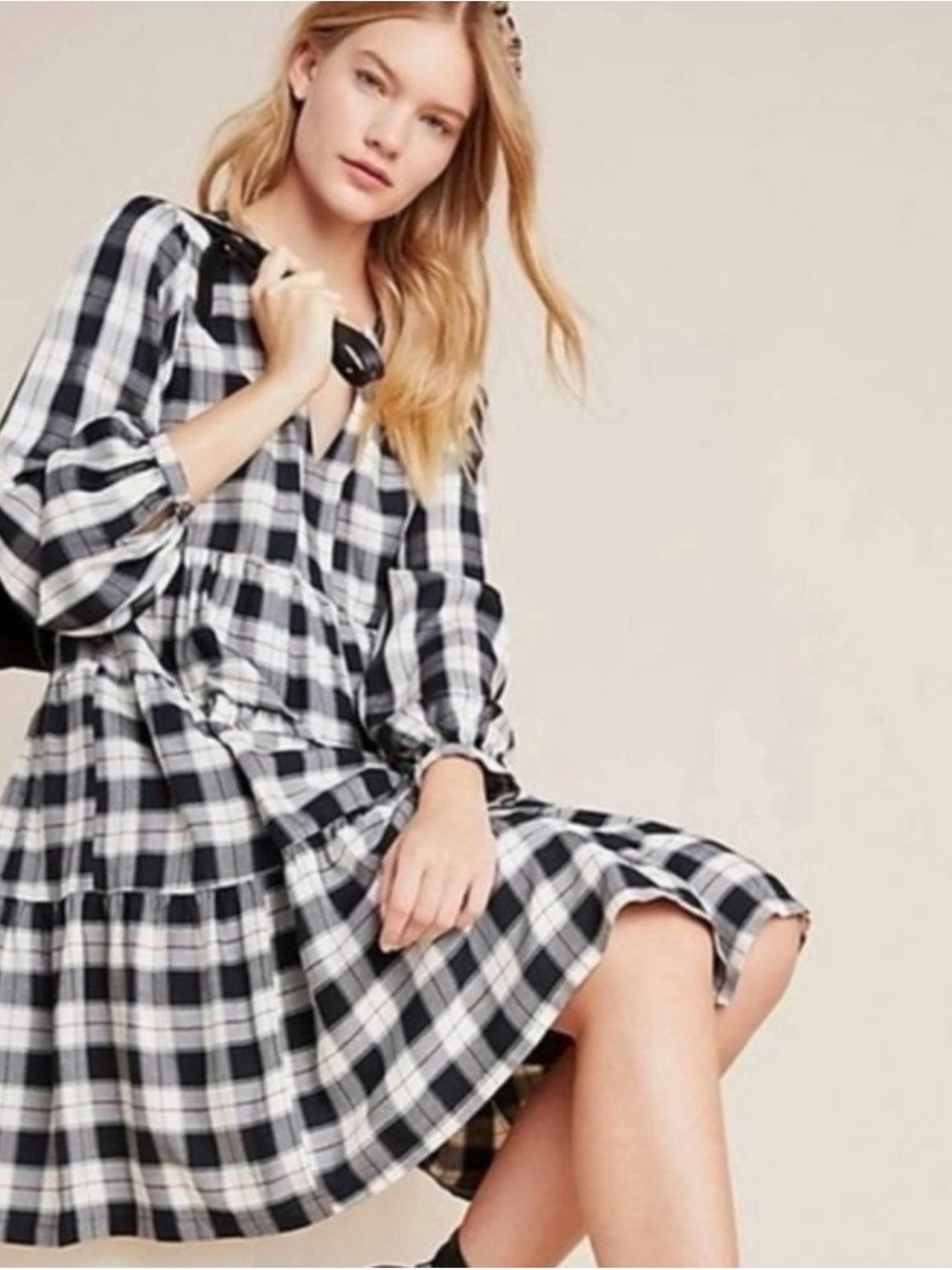 Anthropologie Maeve Black & White Plaid Dress with Red Trim